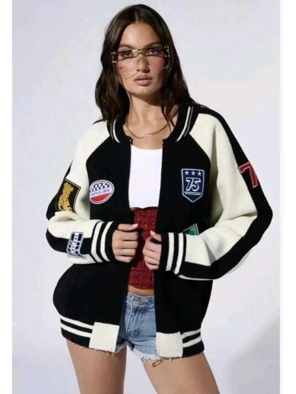 AKIRA Down Time Knit Bomber Jacket Black White Patches Size 1X